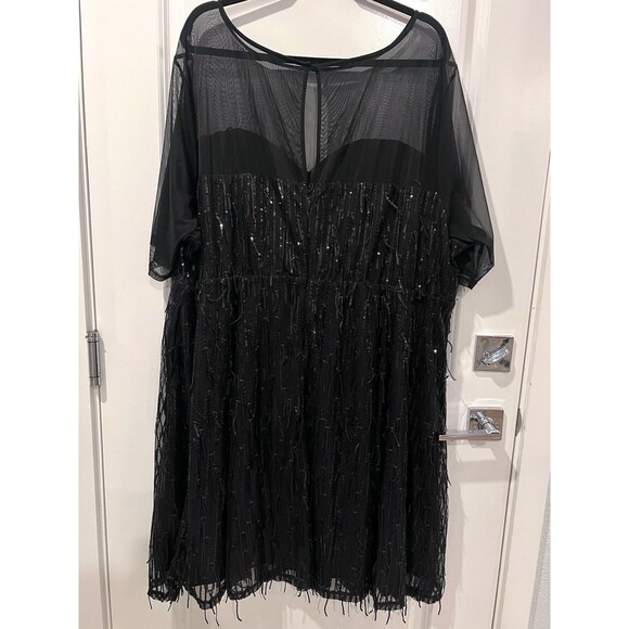 Torrid Illusion Sleeve Skater Dress Sequin Fringe Black Flapper Midi Size 28 - Picture 9 of 15